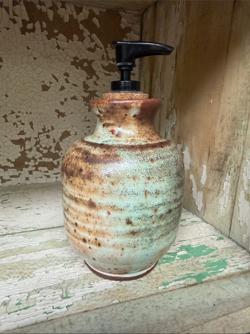 🧼 Handcrafted Ceramic Soap Dispenser in Light Blue and Brown